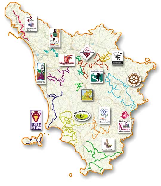 Mapas das estradas dos vinhos na Toscana