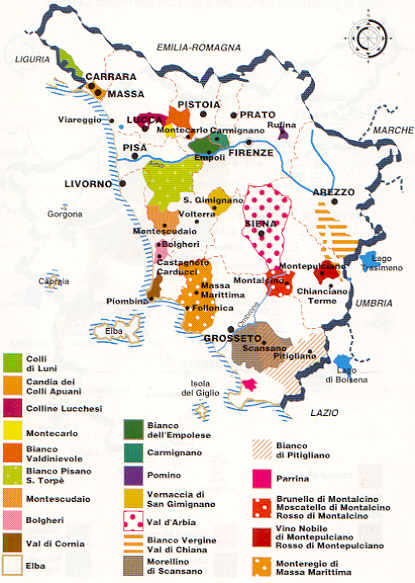Mapa de alguns vinhos da Toscana